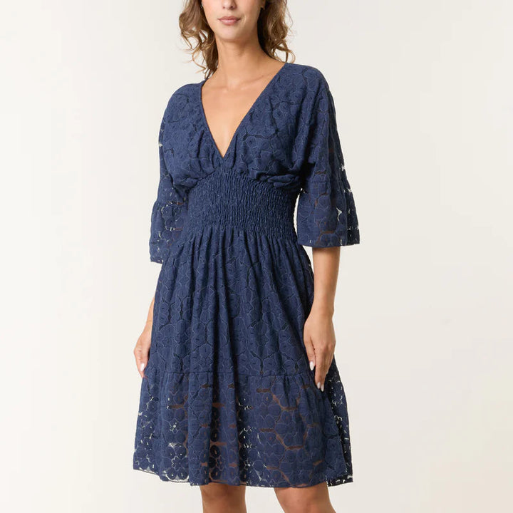 Sarah Floral Lace Shirred Bodice Cotton Dress Navy Blue - Sugarplum Boutique