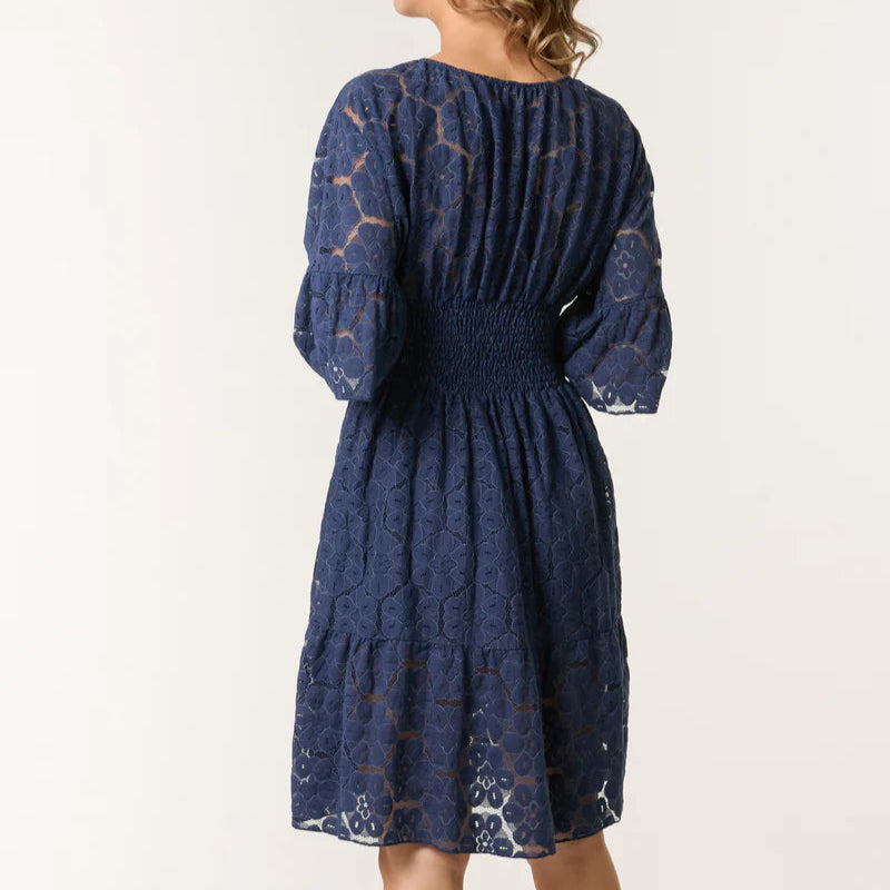 Sarah Floral Lace Shirred Bodice Cotton Dress Navy Blue - Sugarplum Boutique