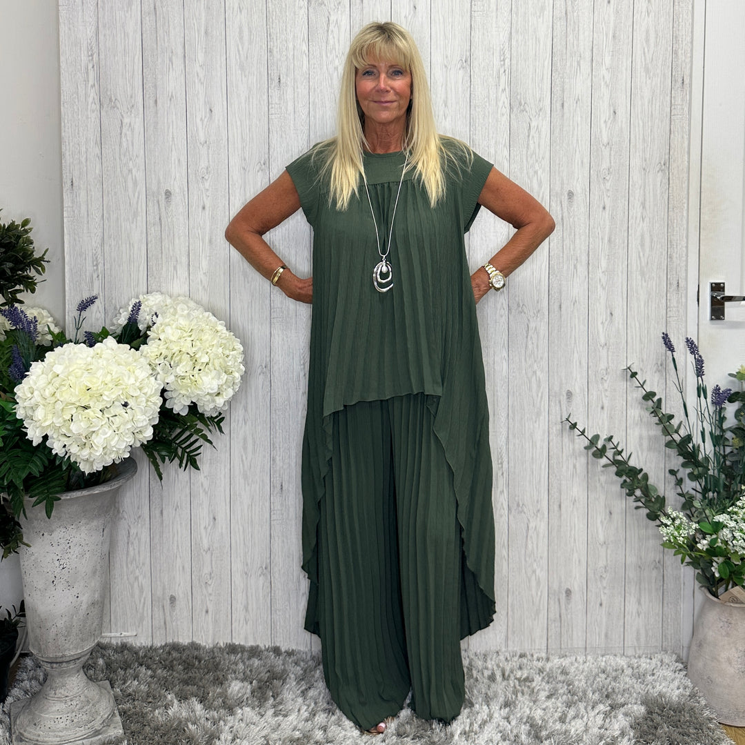 Sasha Pleated Wide Leg Trousers Khaki Green - Sugarplum Boutique