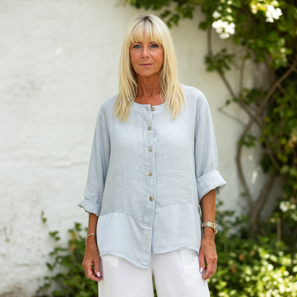 Satin Asymmetric Bottom Grey Linen Button Shirt - Sugarplum Boutique