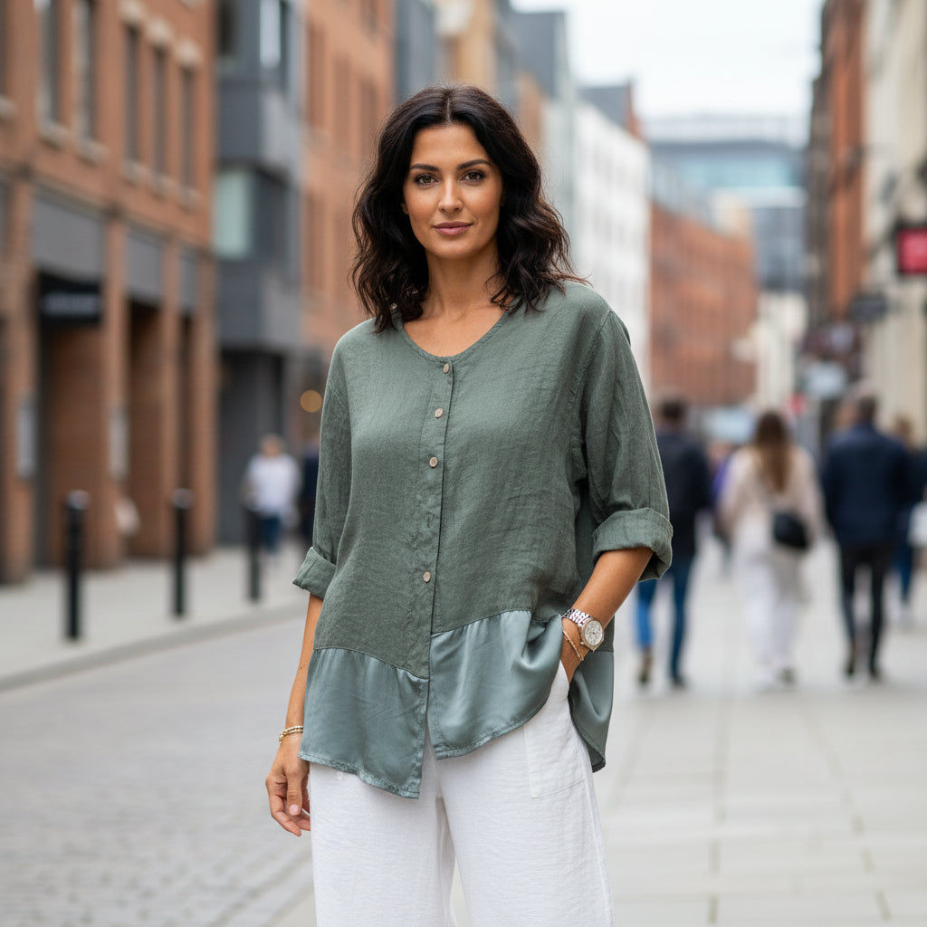 Satin Asymmetric Bottom Khaki Green Linen Button Shirt -Sugarplum Boutique