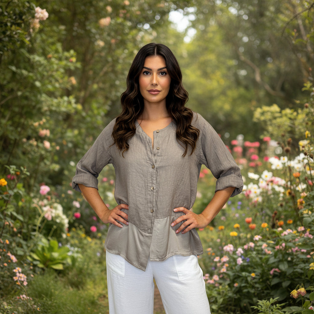 Satin Asymmetric Bottom Mocha Brown Linen Button Shirt - Sugarplum Boutique
