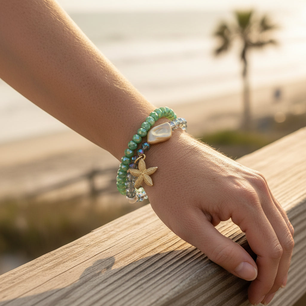 Selsey Double Strand Green Starfish Bracelet - Sugarplum Boutique