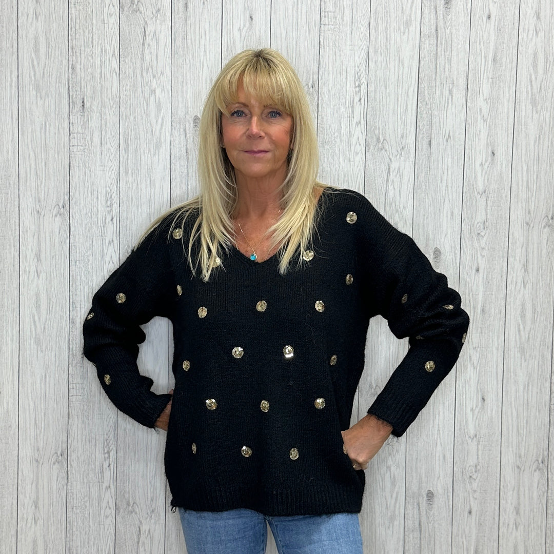 Sequin Circles Black Wool Mix Jumper - Sugarplum Boutique