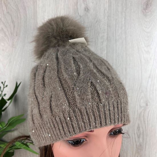 Sequin Wool Knit Bobble Hat Mocha Brown - Sugarplum Boutique