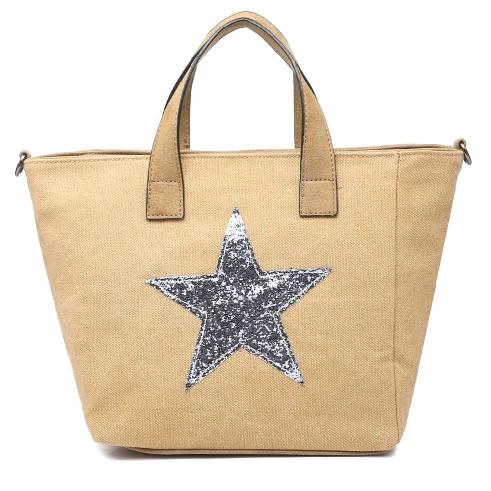 Sequin Star Double Handle Handbag Beige - Sugarplum Boutique