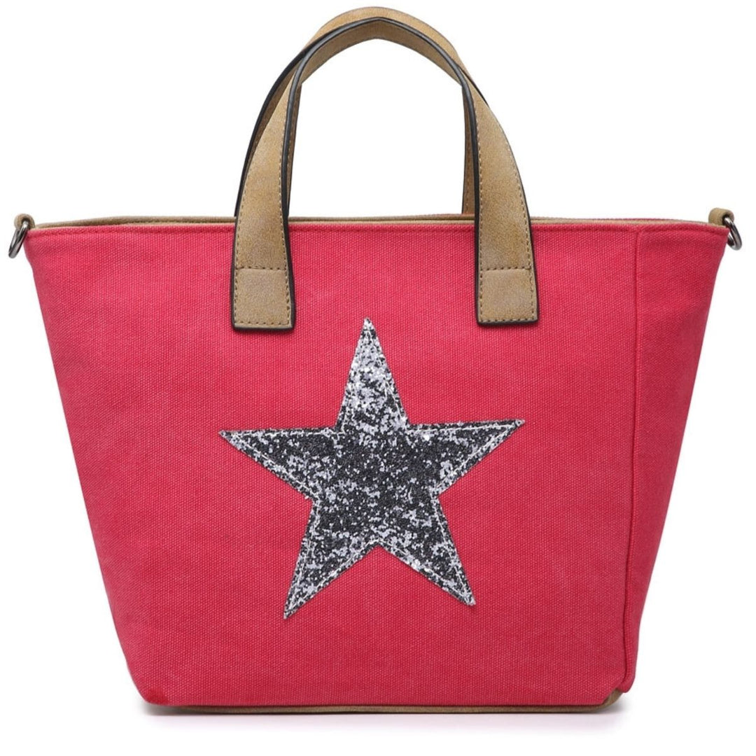 Sequin Star Double Handle Handbag Cerise - Sugarplum Boutique