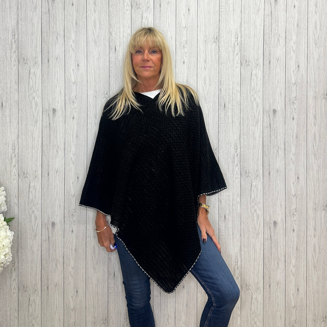 Serina Cross Stitch Soft Knit Poncho Black - Sugarplum Boutique