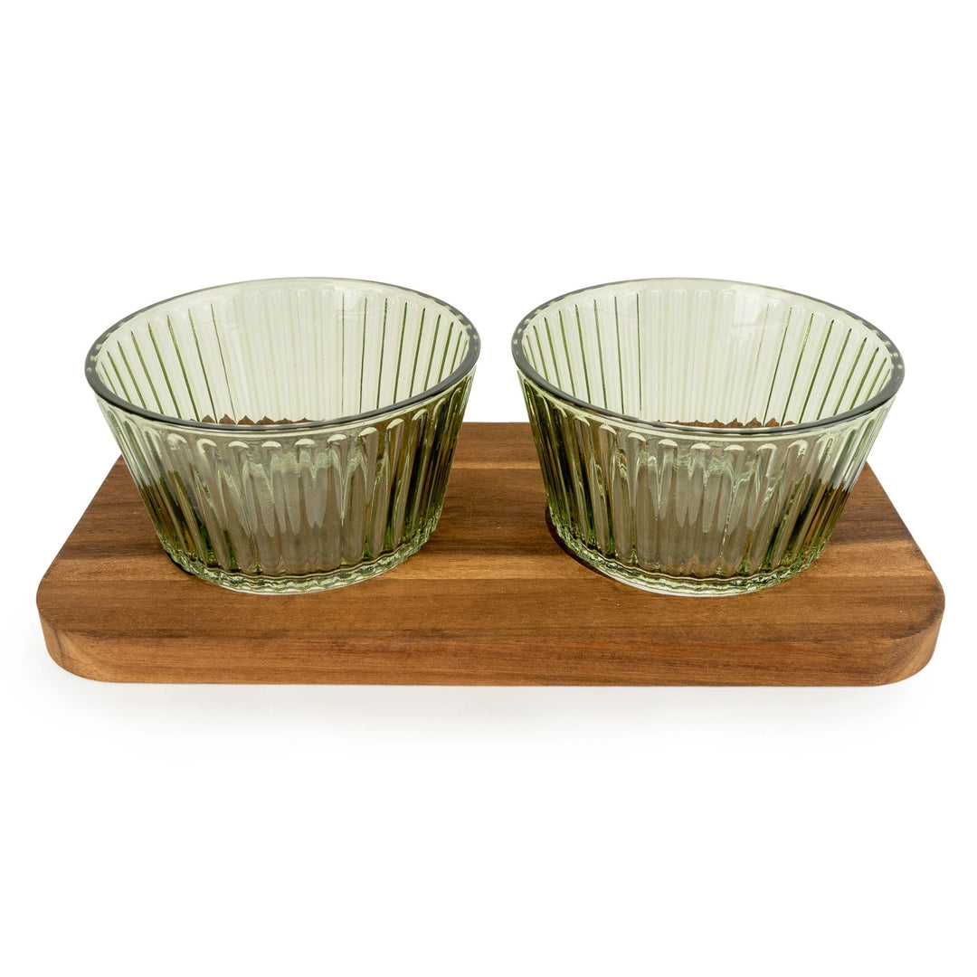 Set Of 2 Green Round Glass Dishes On Tray - Sugarplum Boutique