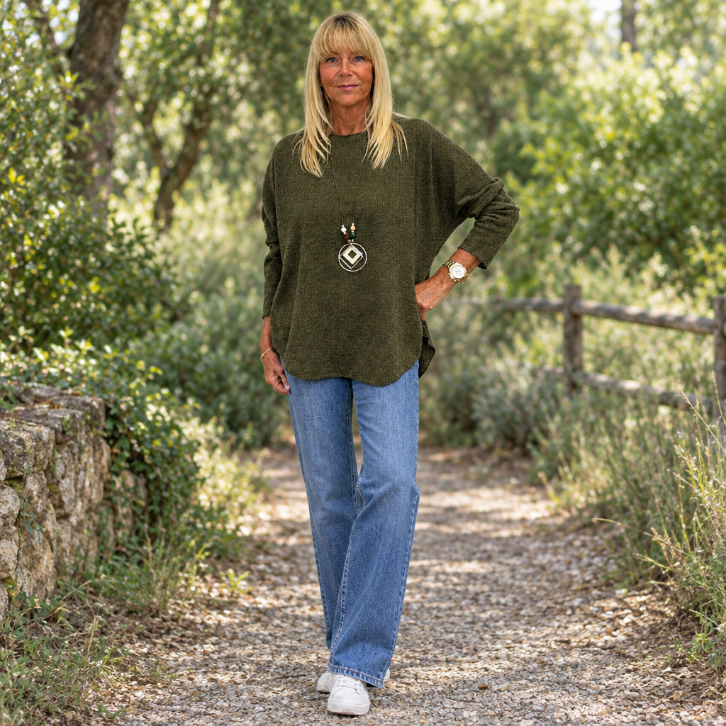 Shana Khaki Green Relaxed Fit Necklace Jumper - Sugarplum Boutique