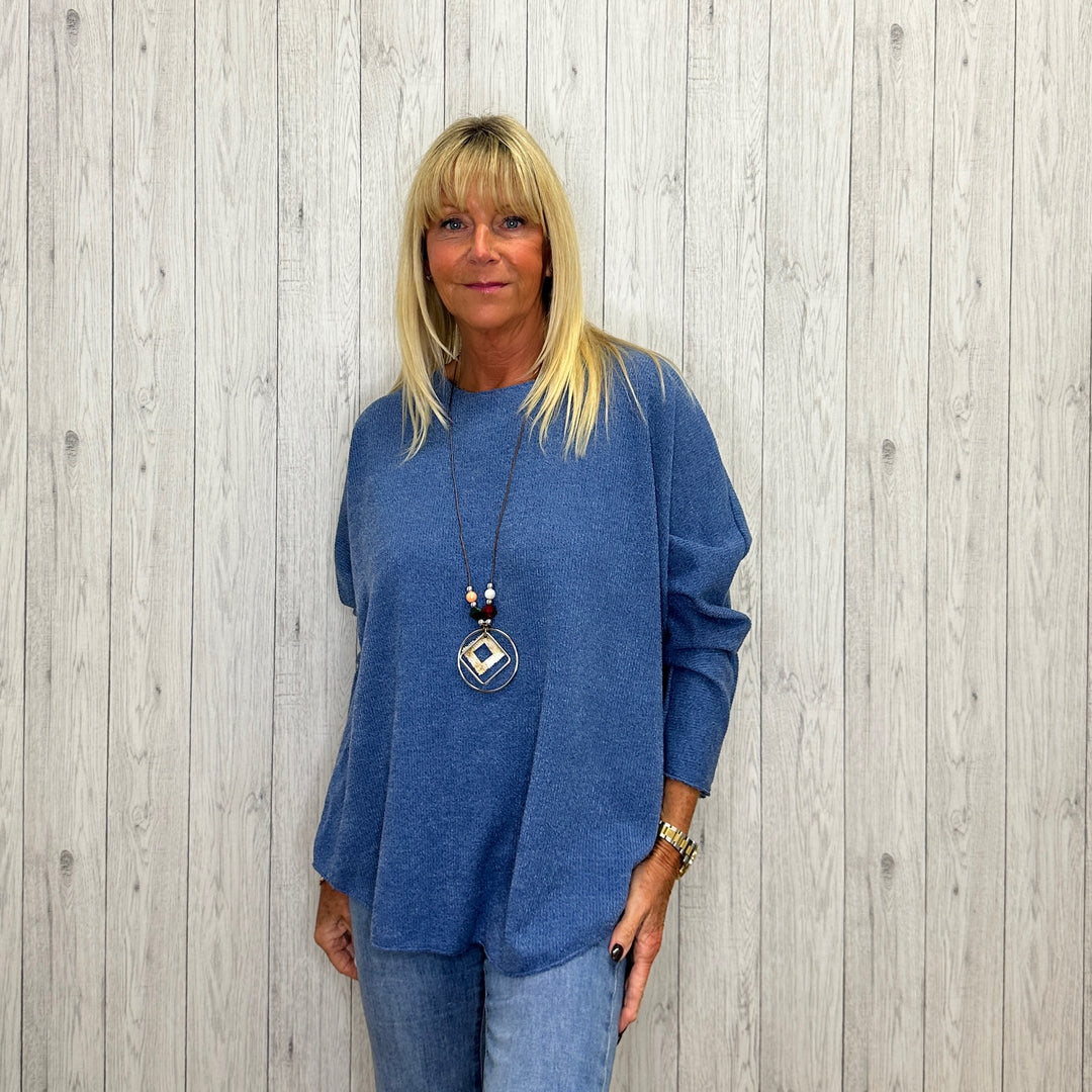 Shana Relaxed Fit Two Piece Necklace Jumper Set Denim Blue - Sugarplum Boutique