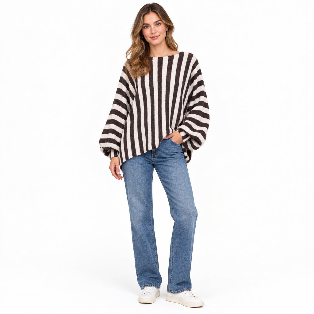 Shelby Chocolate Brown Stripe Oversized Batwing Jumper - Sugarplum Boutique