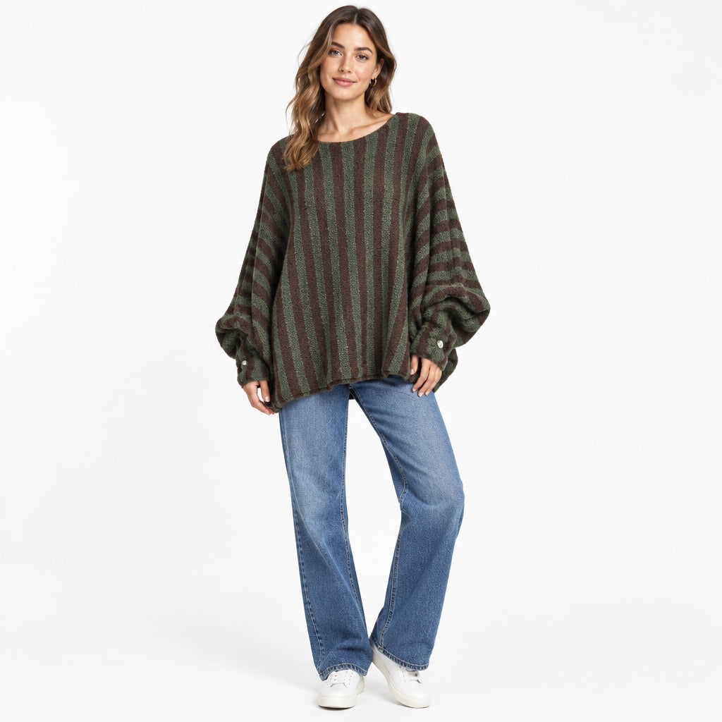 Shelby Khaki Green Stripe Oversized Batwing Jumper - Sugarplum Boutique
