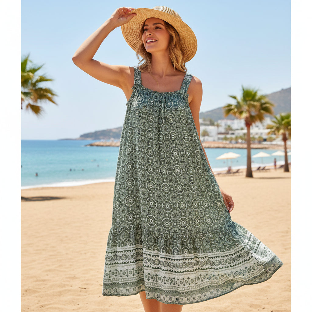 Shelby Khaki Green Sundress - Sugarplum Boutique