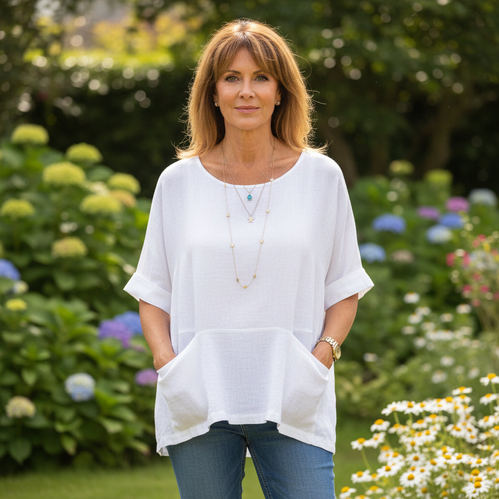 Shelby White Linen Cotton Mix Double Pocket Top - Sugarplum Boutique