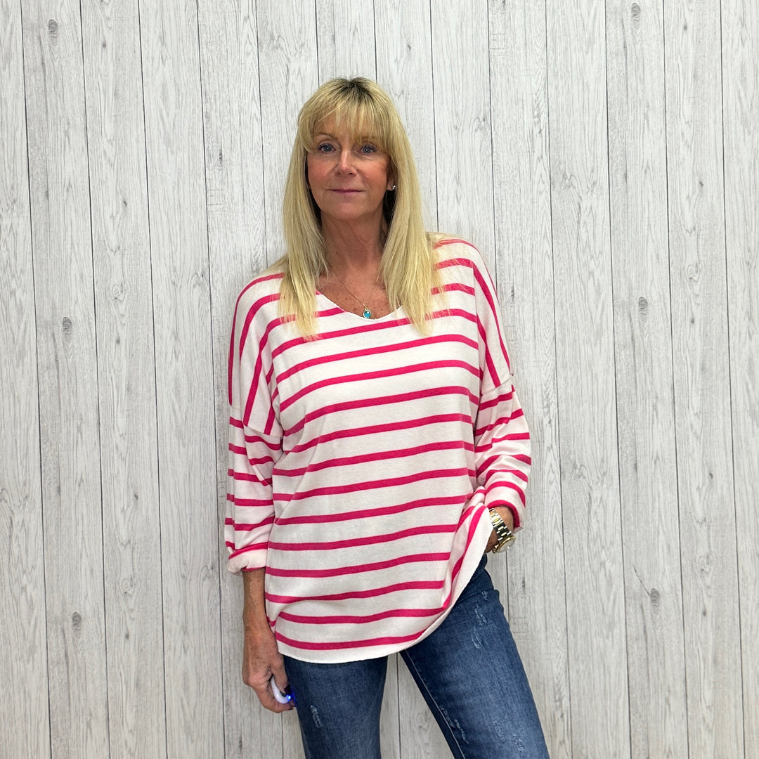 Shelley Cerise Pink Striped Angora Wool Mix Top - Sugarplum Boutique
