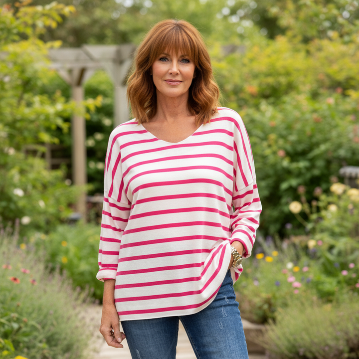 Shelley Cerise Pink Striped Angora Wool Mix Top
