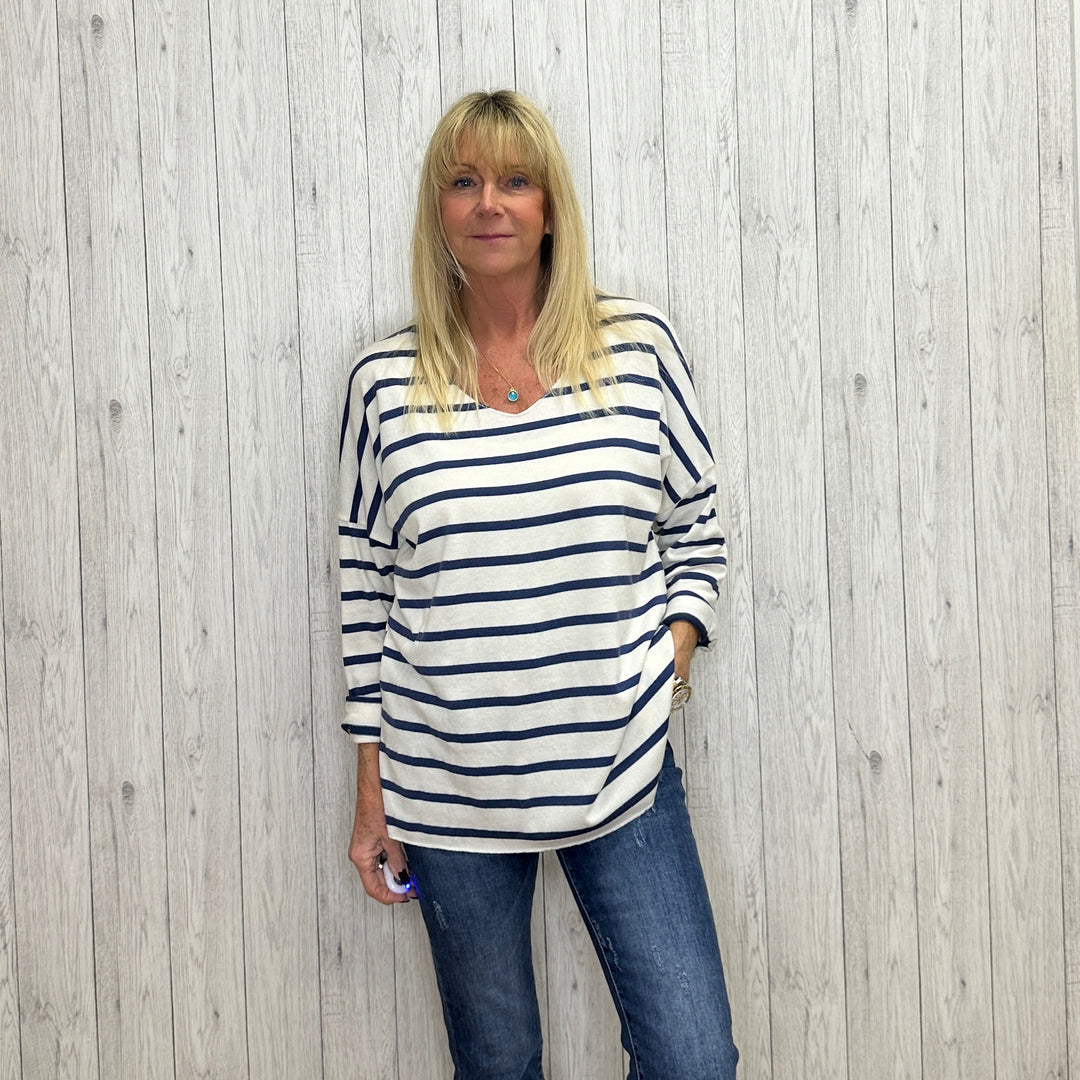 Shelley Navy Blue Striped Angora Wool Mix Top - Sugarplum Boutique