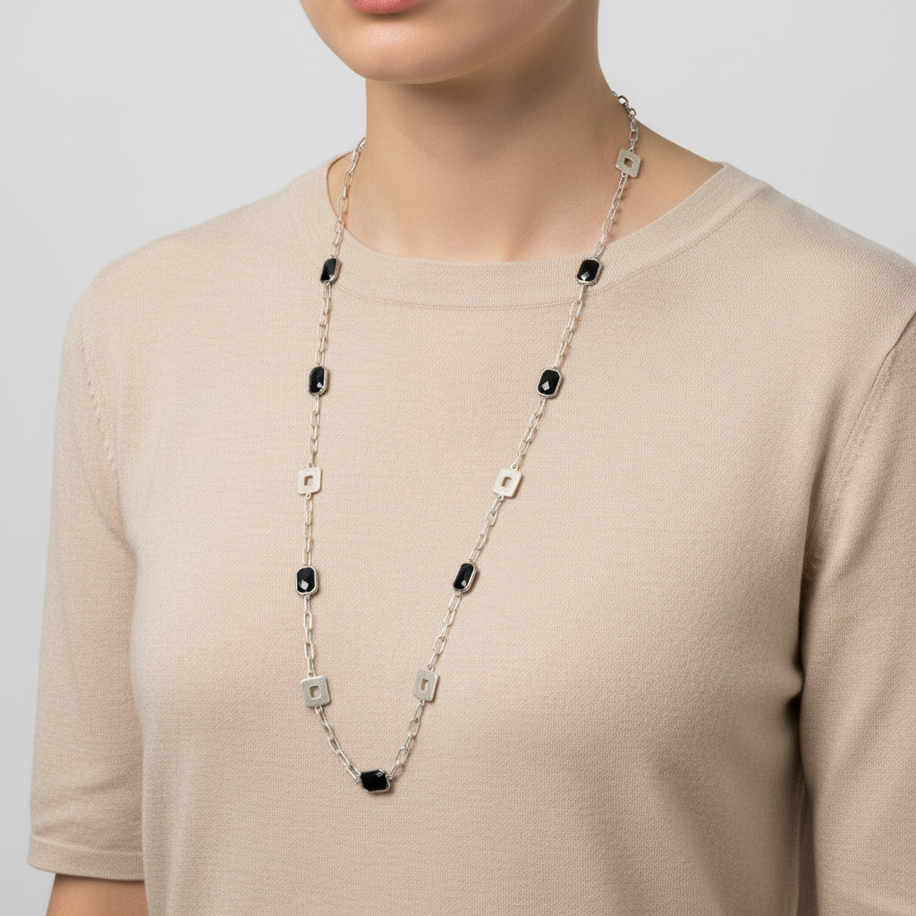 Shola Black Facet & Matt Silver Long Chain Necklace  - Sugarplum Boutique