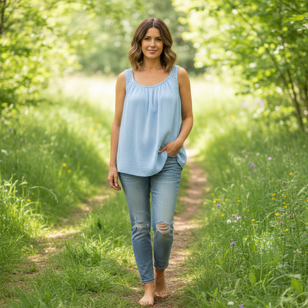 Shona Crochet Strap Blue Cotton Cheesecloth Vest Top - Sugarplum Boutique