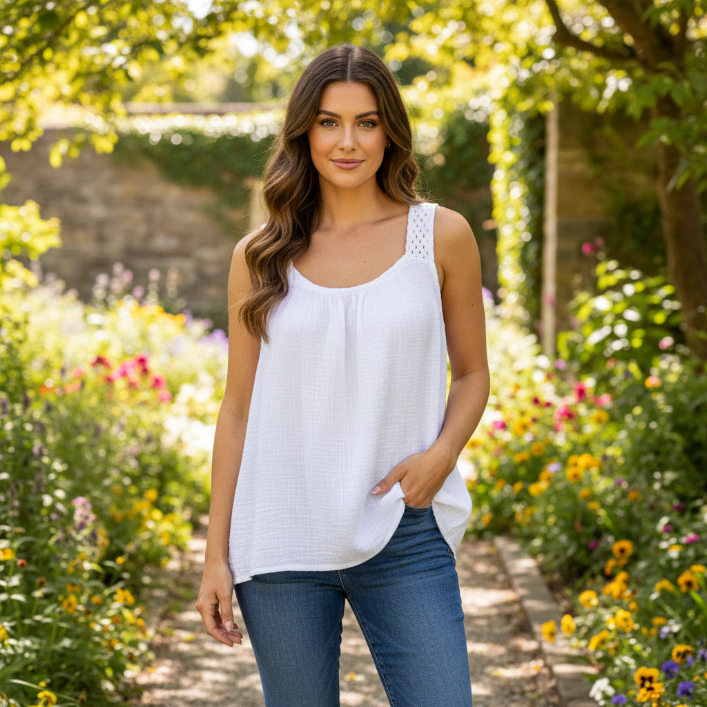Shona Crochet Strap White Cheesecloth Vest Top - Sugarplum Boutique