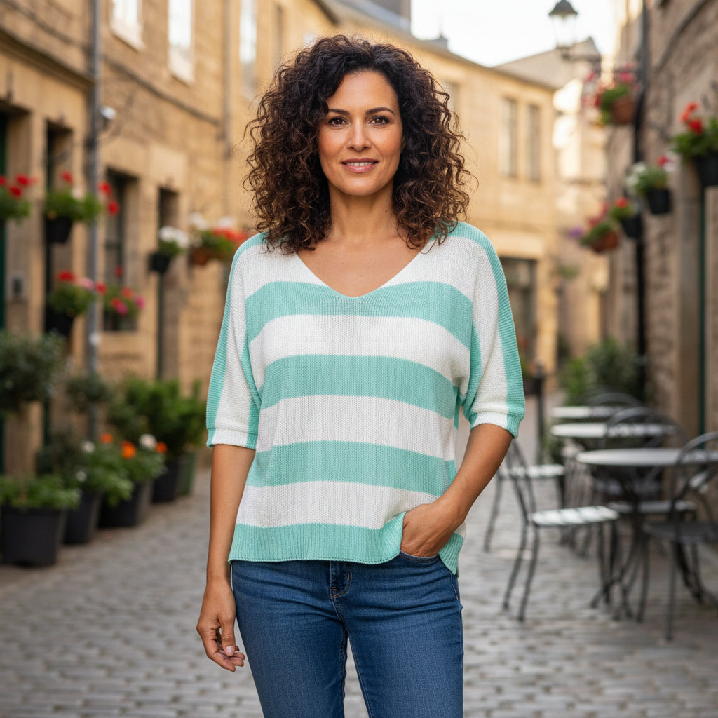 Siena Mint Green Cotton Striped Short Sleeve Top - Sugarplum Boutique