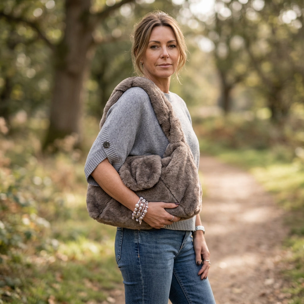 Sienna Dark Grey Faux Fur Handbag - Sugarplum Boutique