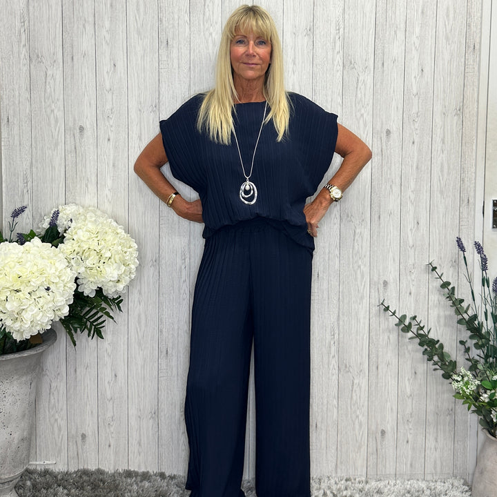Sierra Pleated Wide Leg Trousers Navy Blue - Sugarplum Boutique