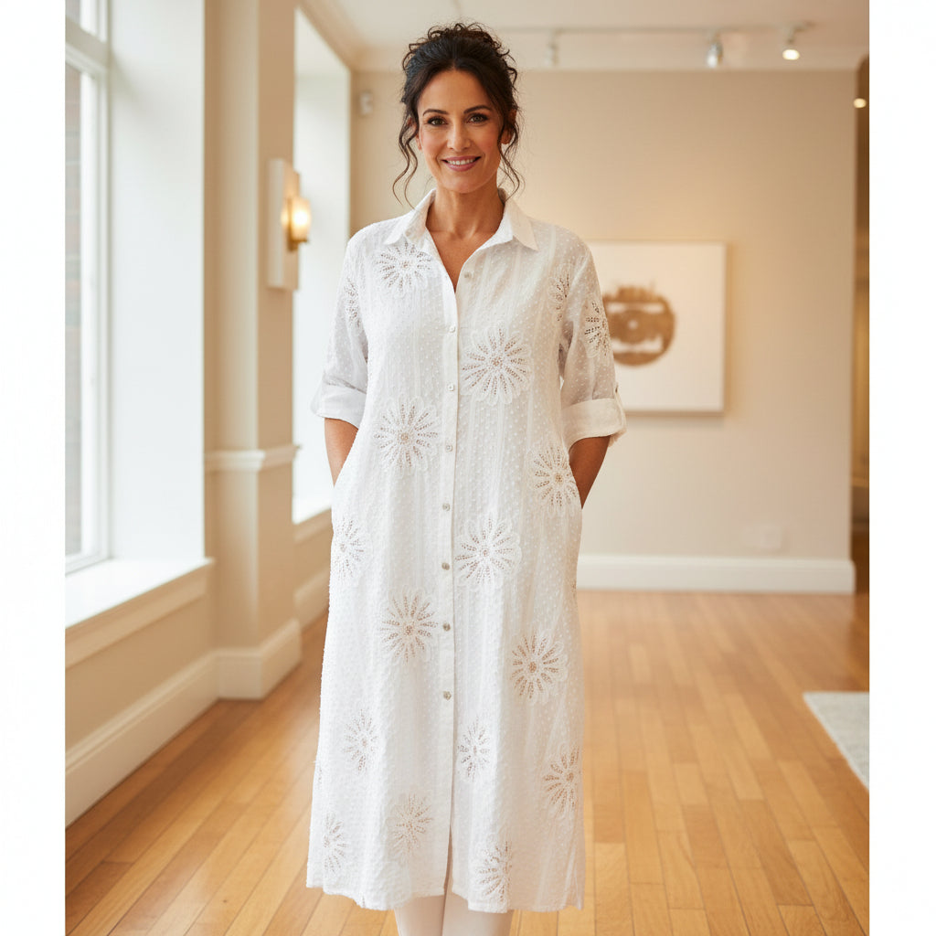 Sierra White Sequin Cotton Full Button Shirt Dress - Sugarplum Boutique