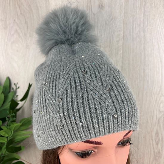 Sindlesham Diamante Knit Wool Mix Bobble Hat Grey - Sugarplum Boutique