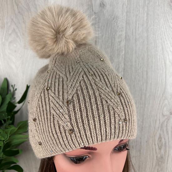 Sindlesham Diamante Knit Wool Mix Bobble Hat Stone - Sugarplum Boutique