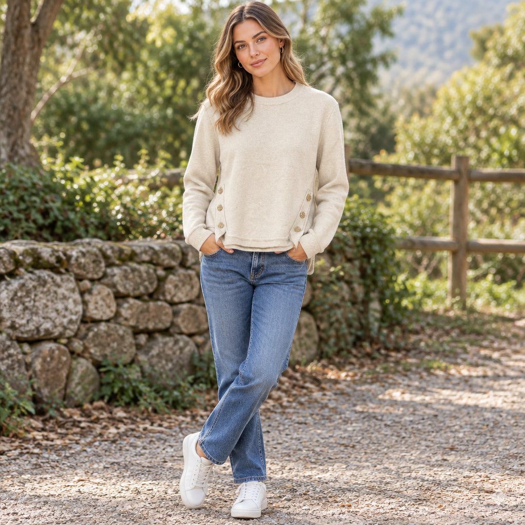 Sinead Stone Scoop Gold Button Jumper - Sugarplum Boutique