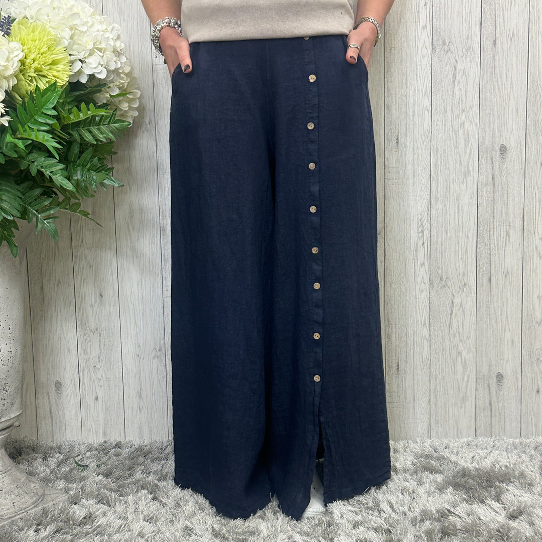 Sky Linen Button Wide Leg Trousers Navy Blue - Sugarplum Boutique