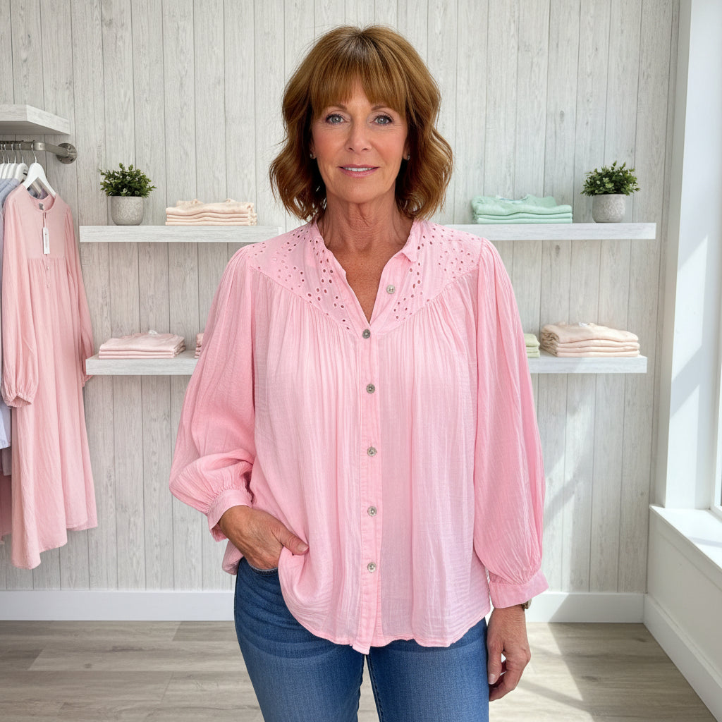 Skye Pink Broderie Anglaise Balloon Sleeve Cotton Top - Sugarplum Boutique