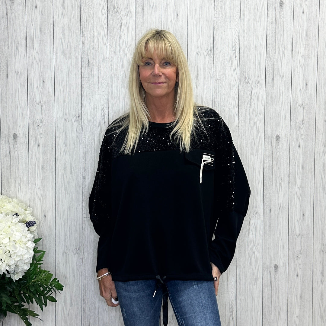 Sonya Black Sequin Soft Touch Sweatshirt Top -Sugarplum Boutique