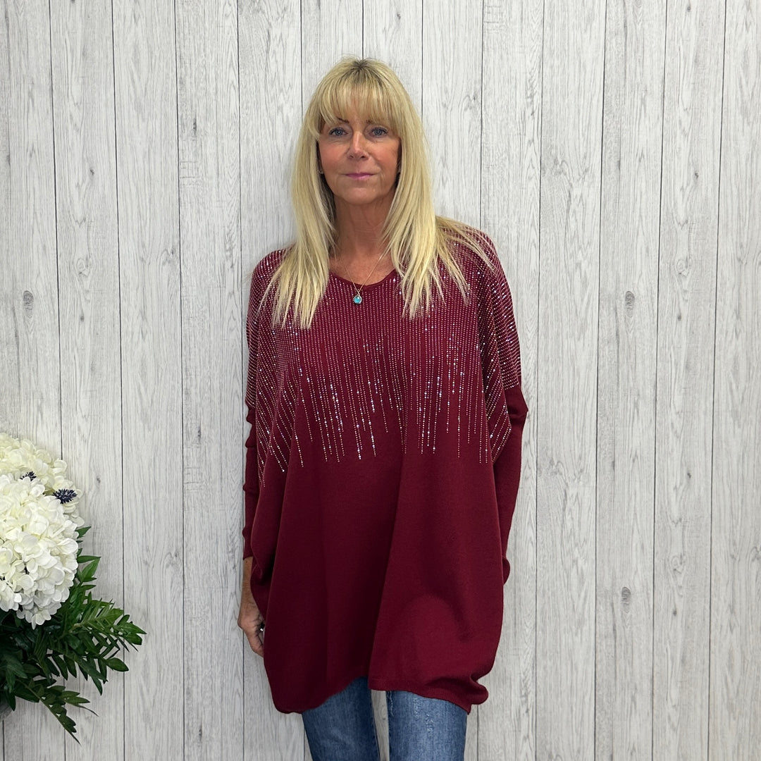 Sophie Burgandy Red Relaxed Fit Sparkle Jumper - Sugarplum Boutique