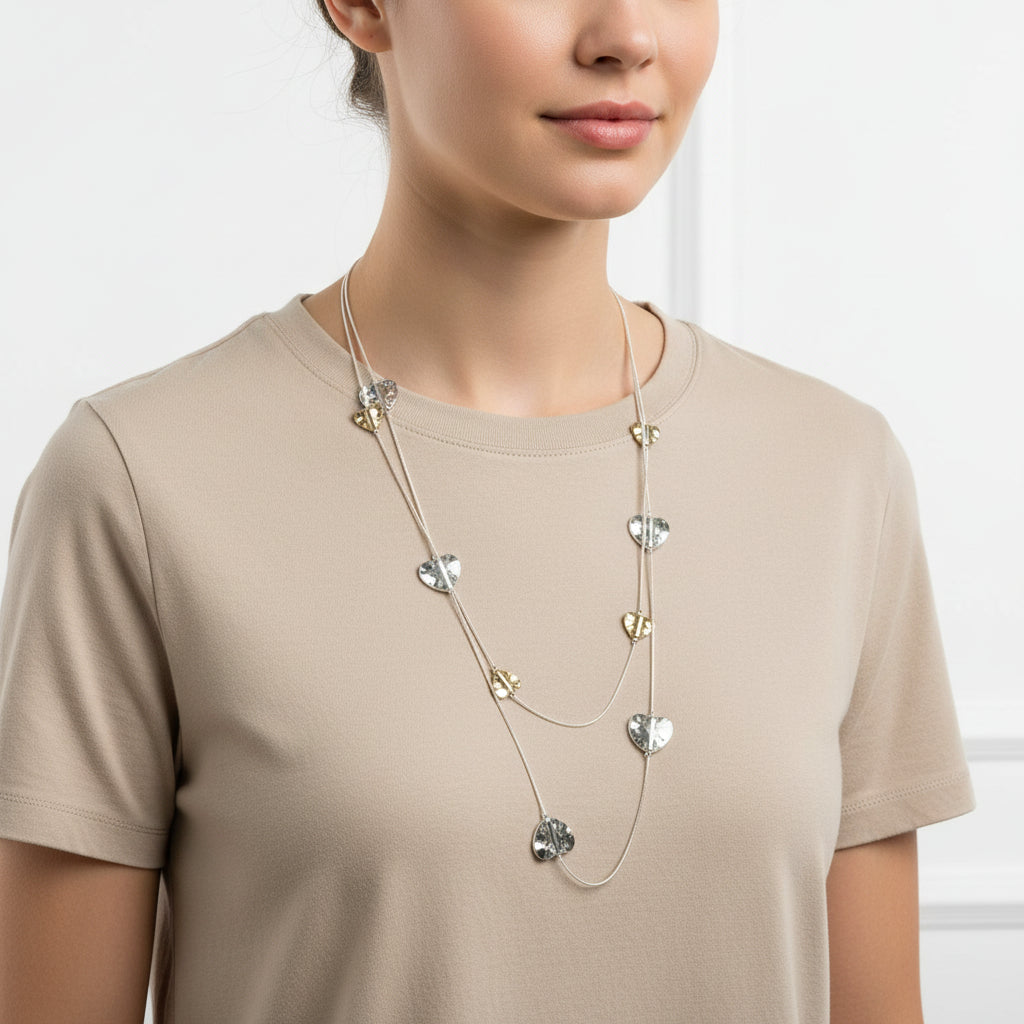 Soya Hearts Silver Gold Double Chain Long Necklace - Sugarplum Boutique