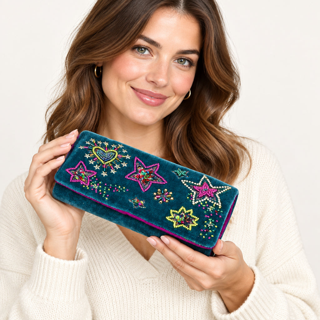 Starburst Teal Velvet Purple Mix Embellished Night Sky Jewellery Roll - Sugarplum