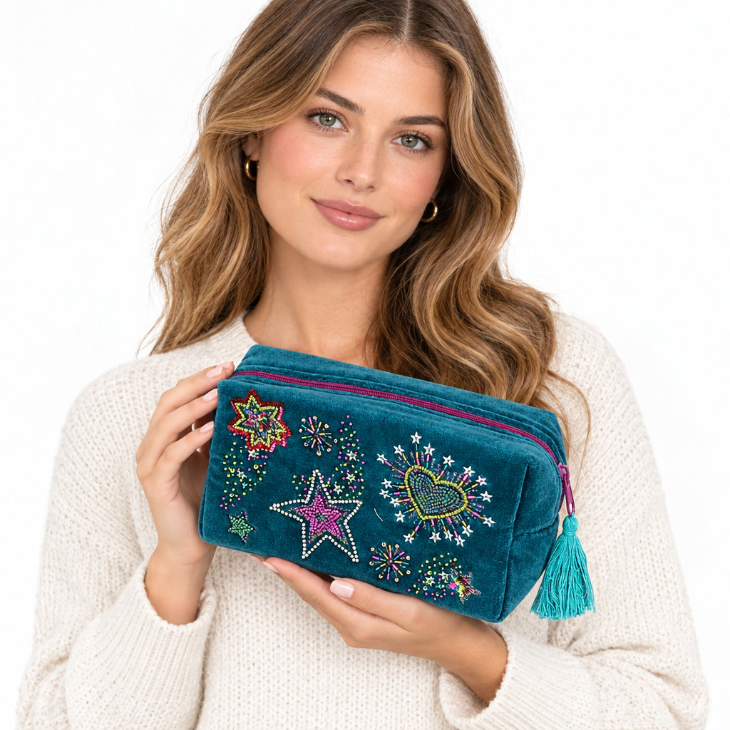 Starburst Teal Velvet Purple Mix Embellished Night Sky Wash Bag- Sugarplum Boutique