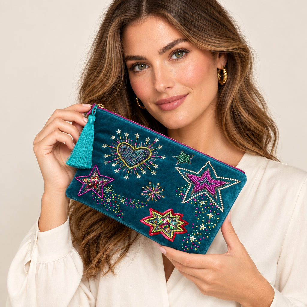 Starburst Teal Velvet Purple Mix Embellished Night Sky Zip Purse - Sugarplum Boutique
