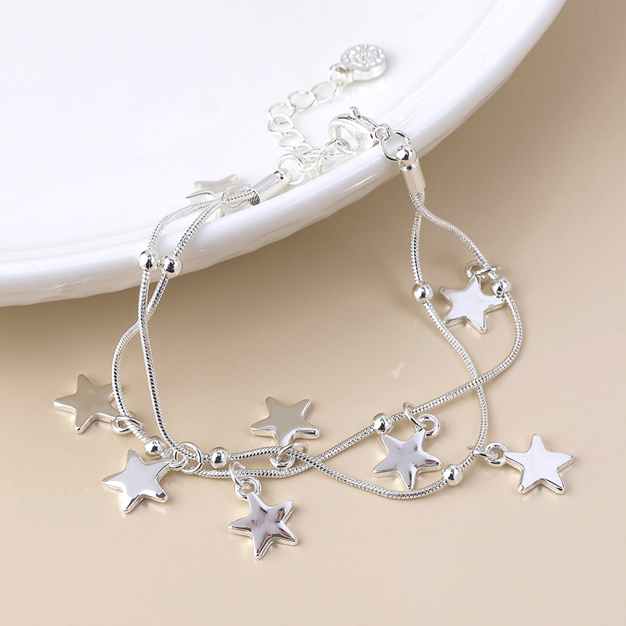 Stardust Silver Plated Double Strand Star Drops Bracelet - Sugarplum Boutique