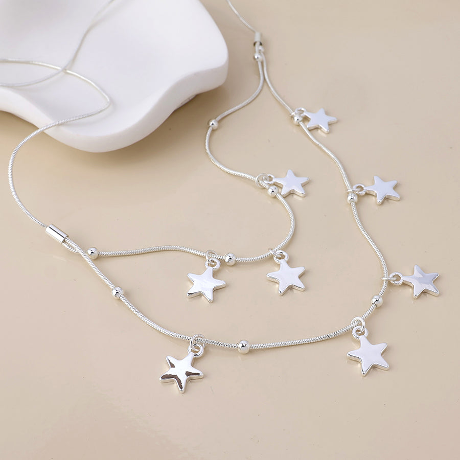 Stardust Silver Plated Double Strand Star Short Necklace - Sugarplum Boutique