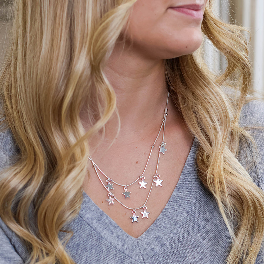 Stardust Silver Plated Double Strand Star Short Necklace - Sugarplum Boutique