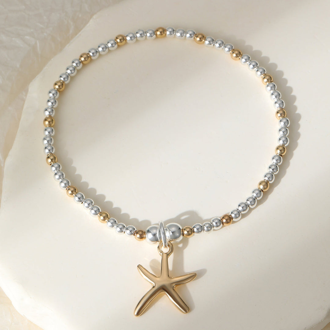 Starfish Charm Silver Gold Stretch Bracelet - Sugarplum Boutique