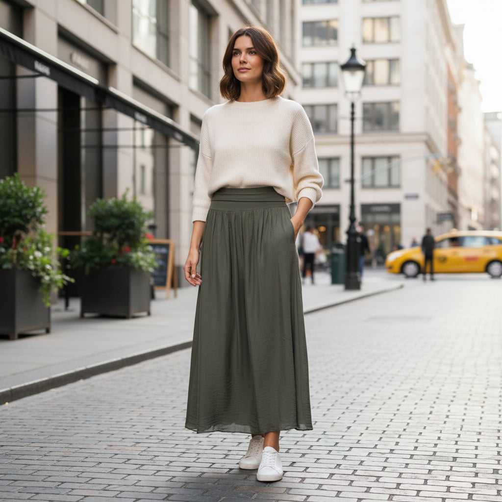 Stevie Stretch Waist Mocha Brown Comfy Silk Blend Lined Maxi Skirt - Sugarplum Boutique