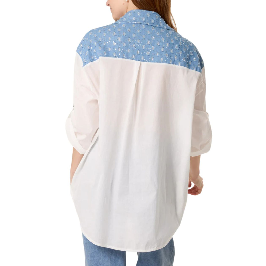 Sue White Embroidered Denim Sequin Cotton Shirt - Sugarplum Boutique