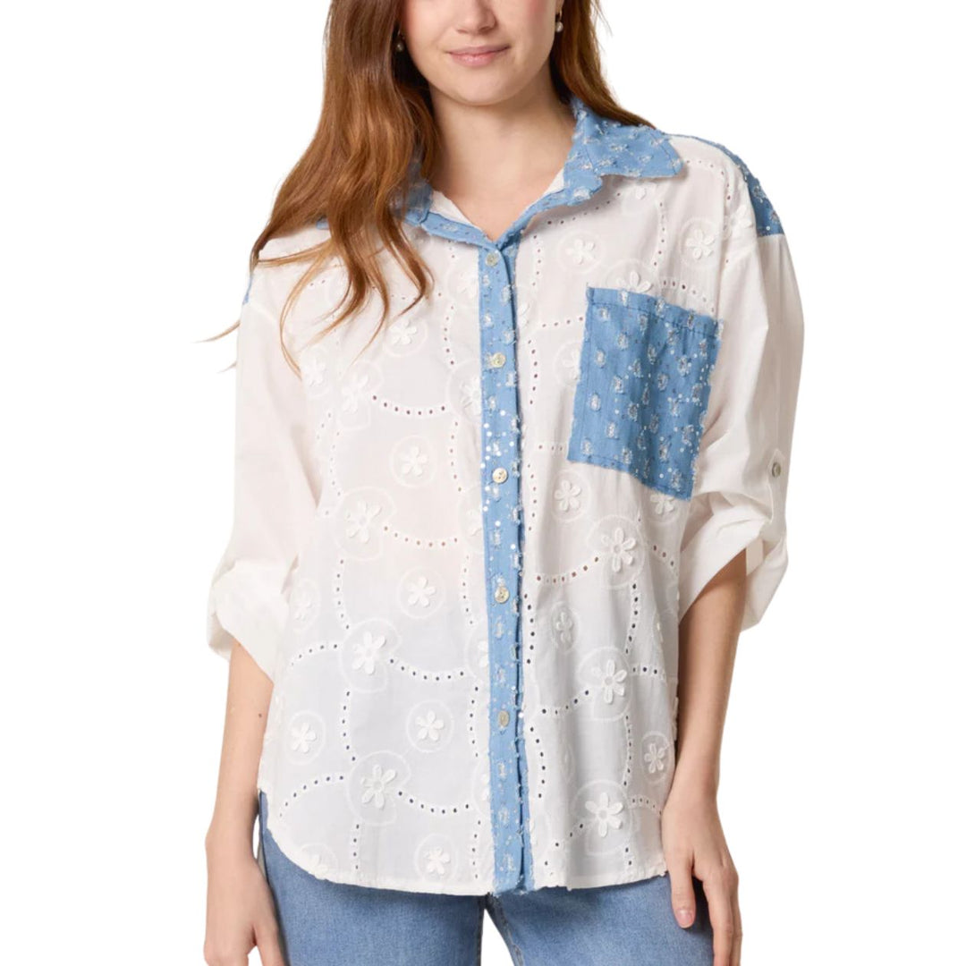 Sue White Embroidered Denim Sequin Cotton Shirt - Sugarplum Boutique