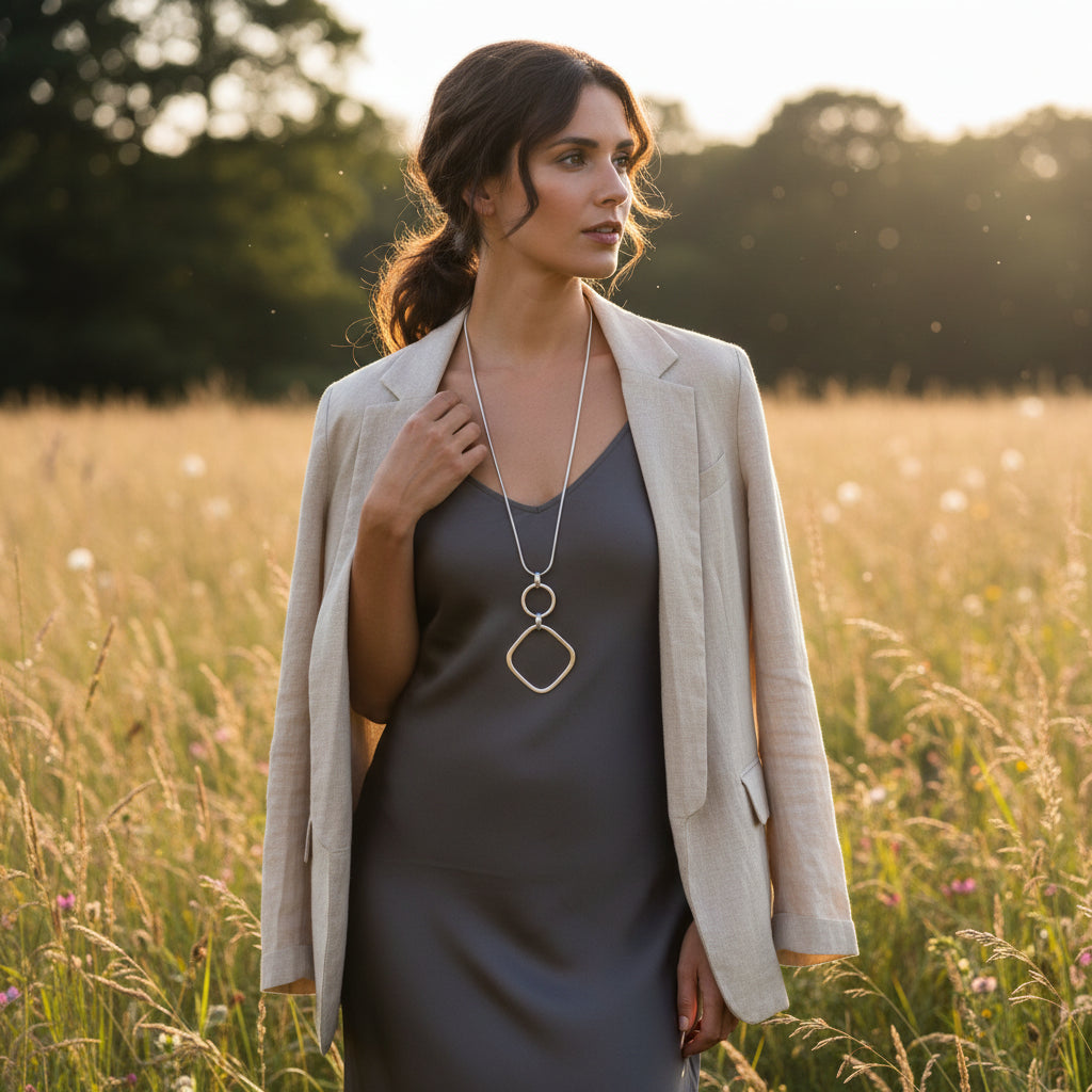 Suki Silver Square Pendant Long Necklace - Sugarplum Boutique