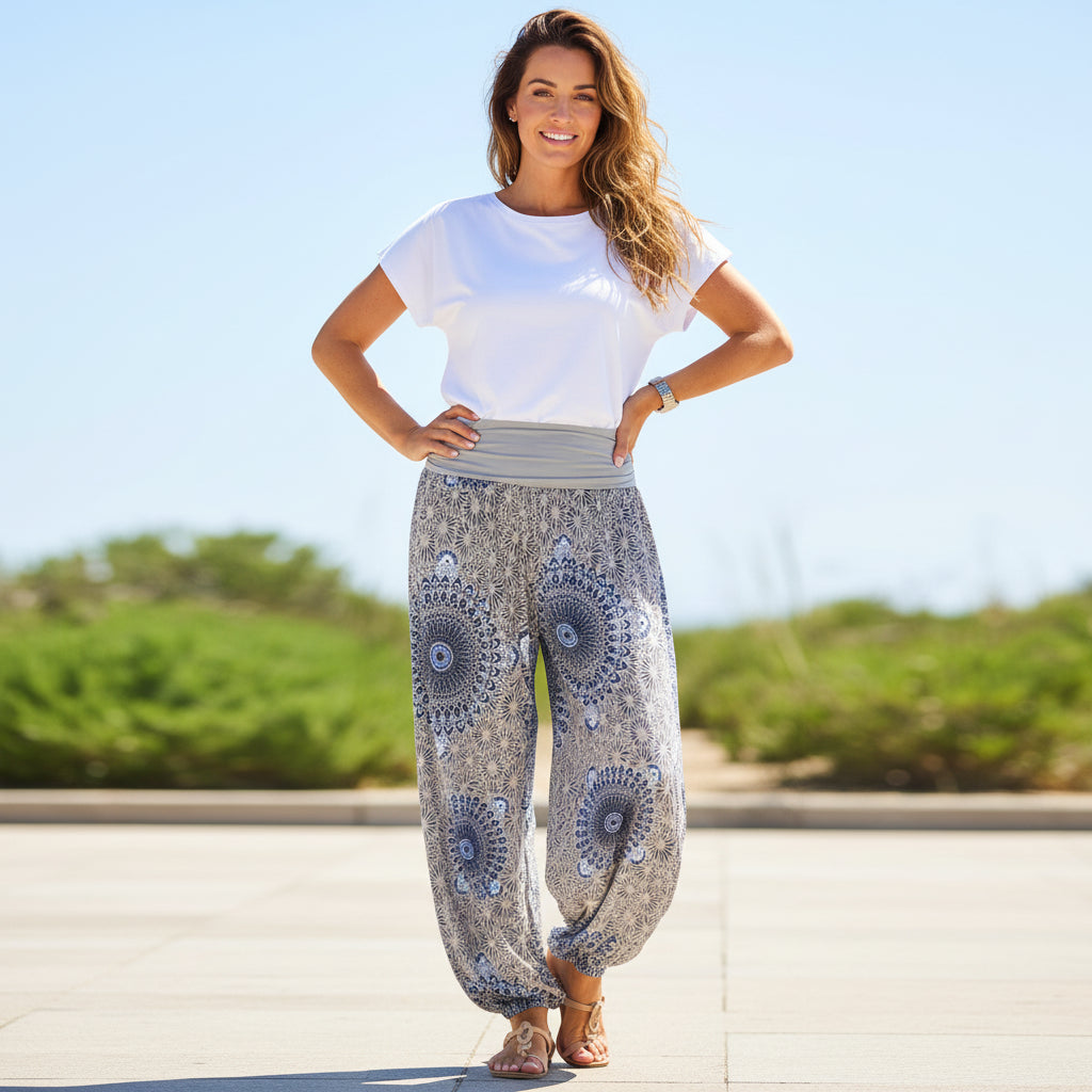 Sunatra Mocha Brown Print Harem Trousers - Sugarplum Boutique