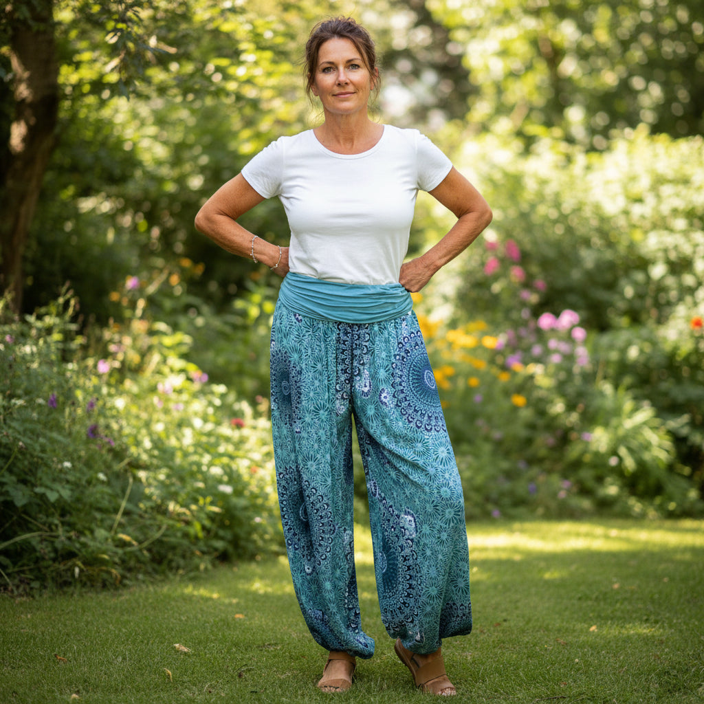 Sunatra Sage Green Print Harem Trousers - Sugarplum Boutique